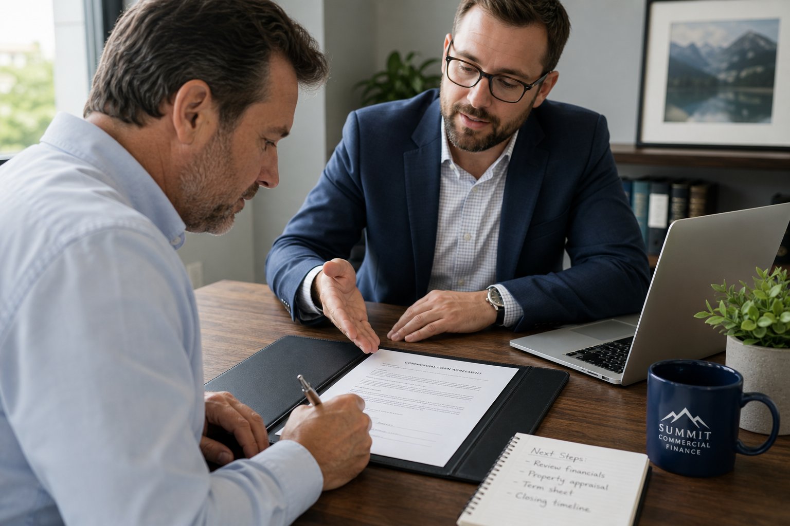Client signing commercial mortgage paperwork during a professional office meeting