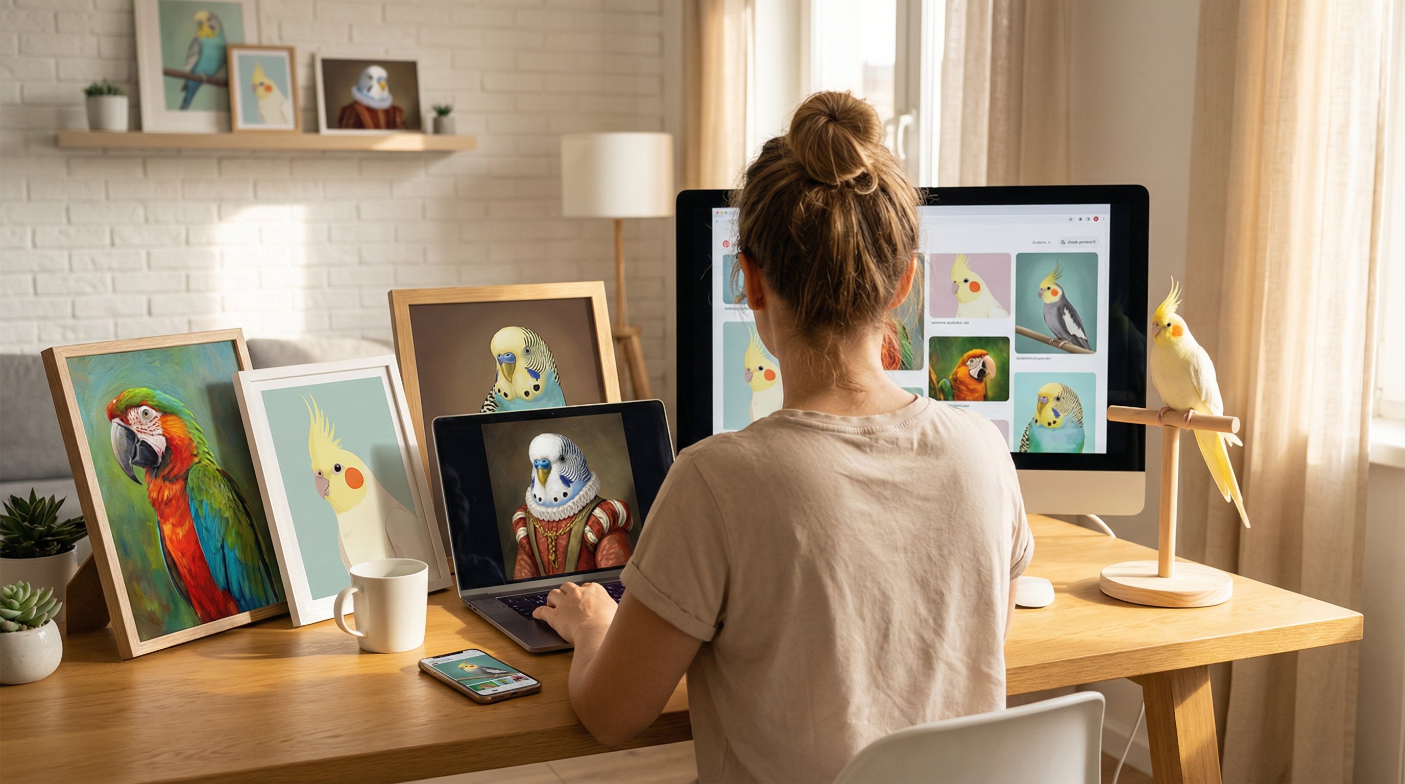 Woman comparing framed custom bird portraits at her desk beside a pet cockatiel.