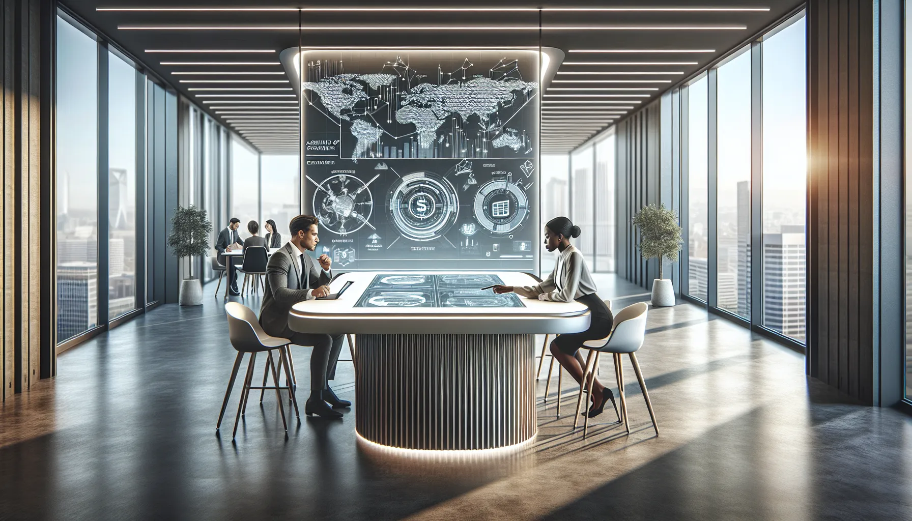 diverse team discussing fintech solutions in a modern office.