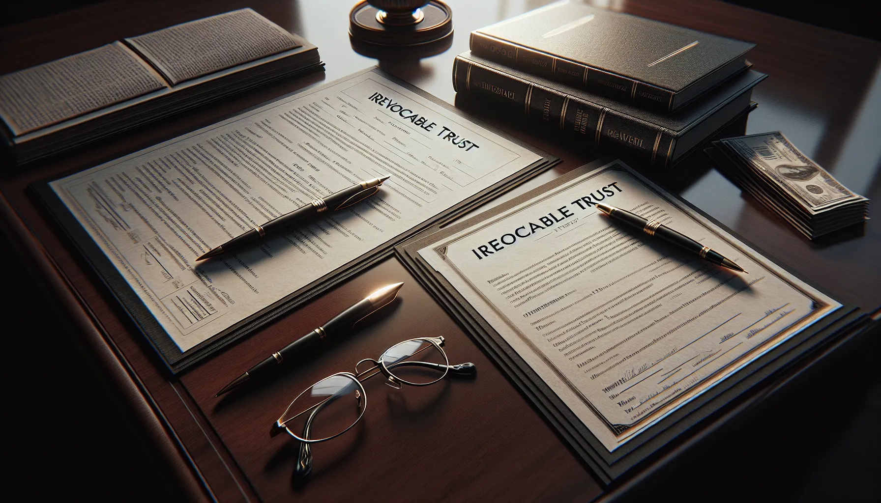 A desk with documents titled 'Revocable Trust' and 'Irrevocable Trust' under daylight.