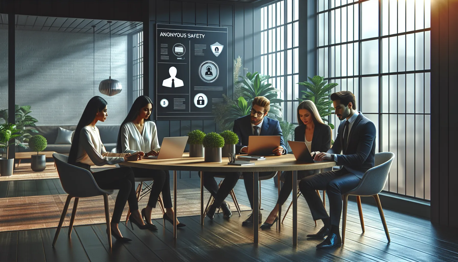 professionals discussing online safety in a modern office setting.