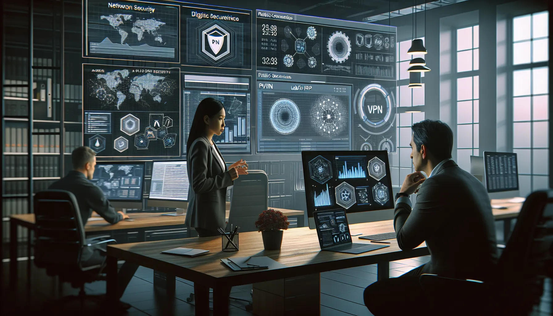 diverse team discussing cybersecurity in a modern office.