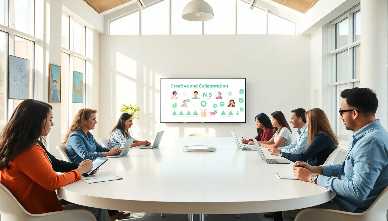 diverse group collaborating in a modern community hall.