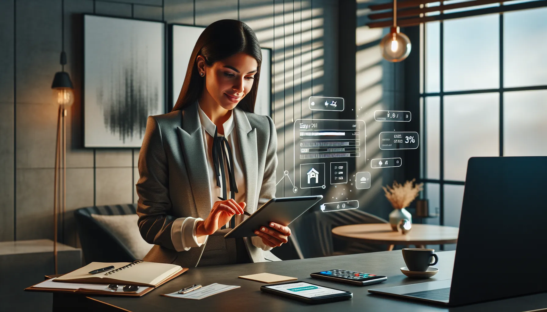 woman using hotel booking apps in a modern office setting.