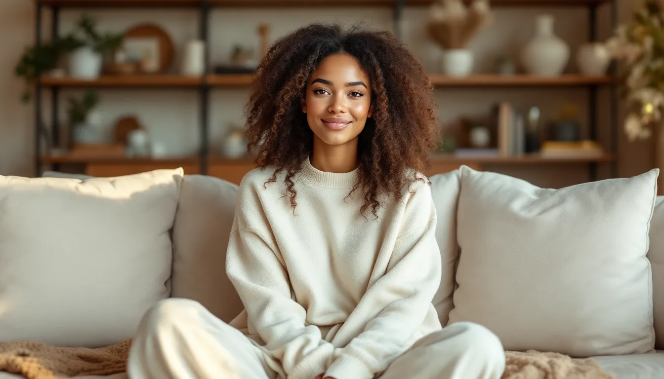 Woman pausing thoughtfully before impulse buying on her phone at home.