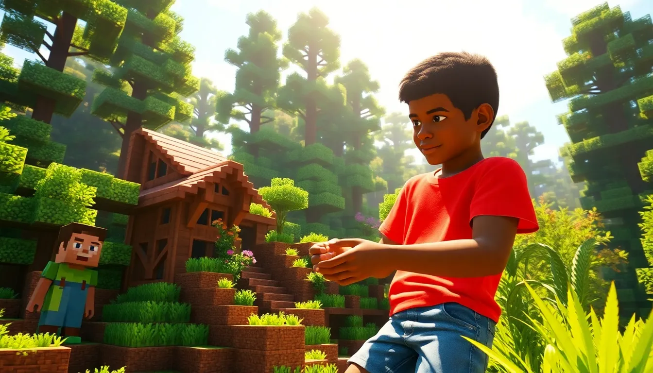 A player interacting with NPCs and building in a colorful Minecraft biome.