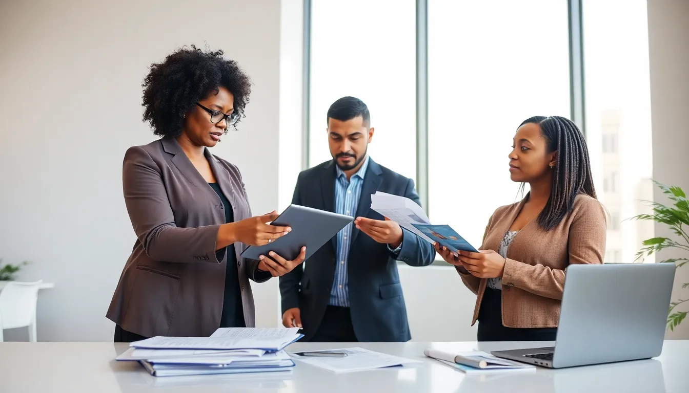 diverse team discussing car insurance options in a modern office.