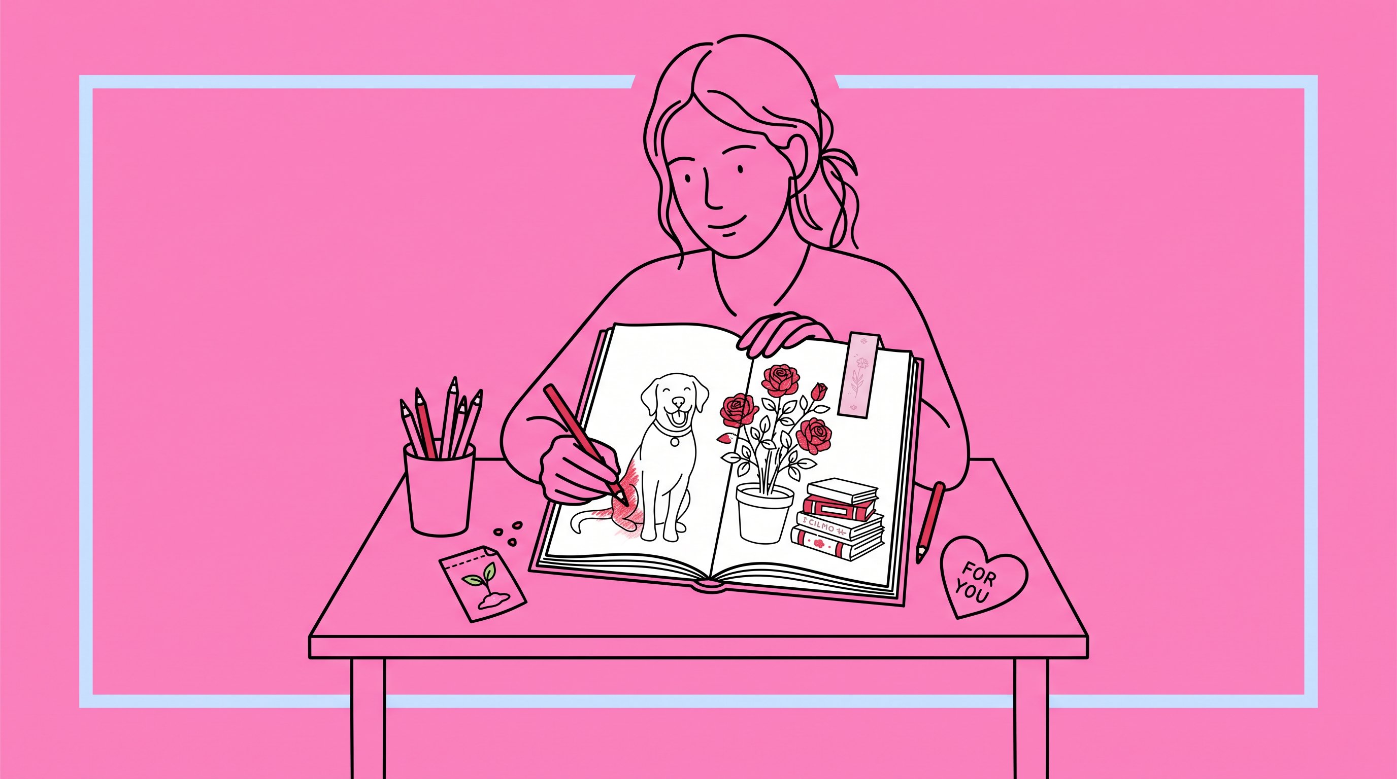 Woman colors a personalized page featuring her dog, flowers, and books.