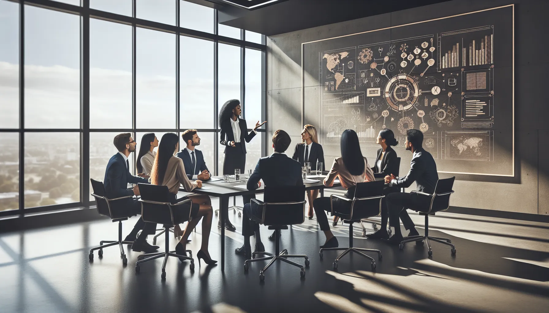 diverse team discussing concepts in a modern conference room.