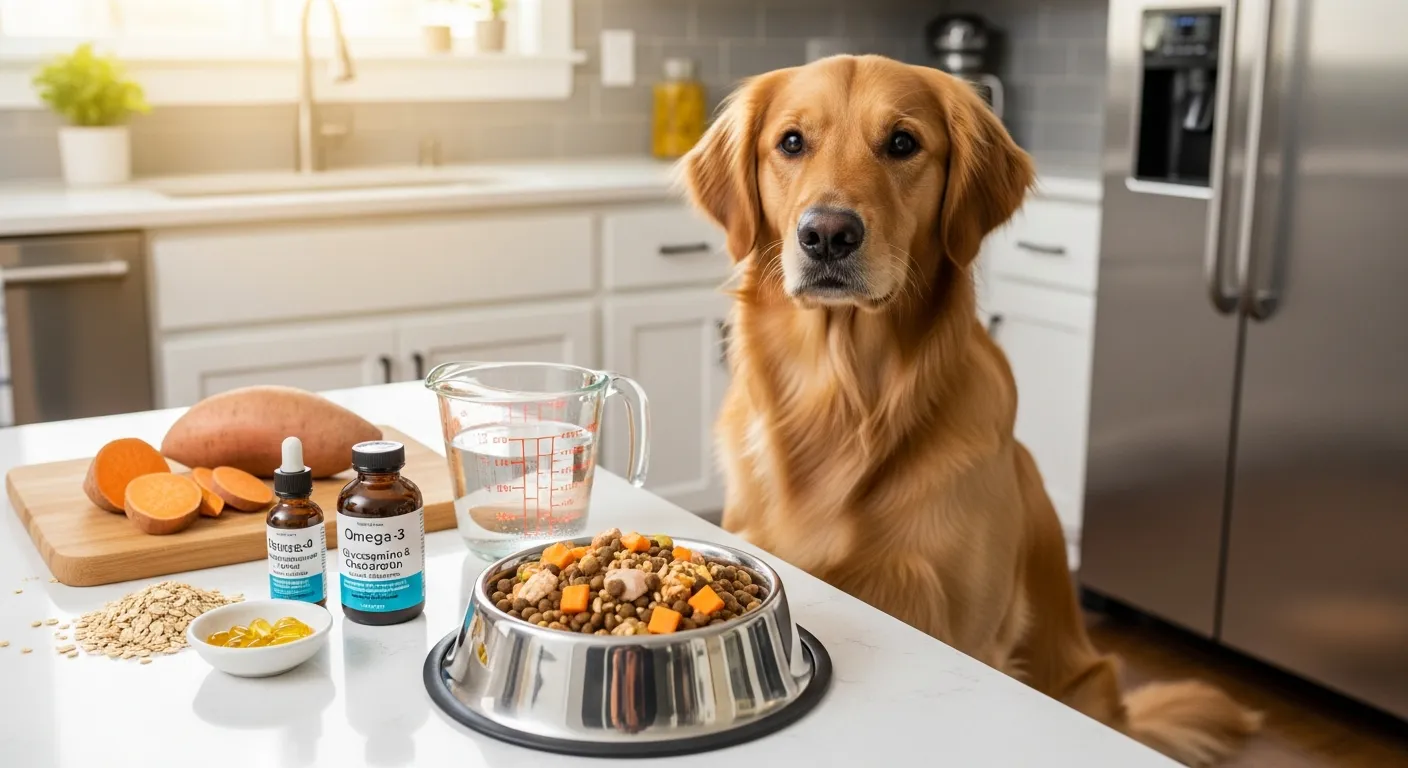 Golden Retriever waiting by a measured, nutritious food bowl and water in a kitchen.