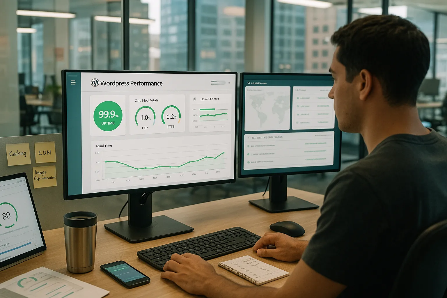 Web specialist monitoring WordPress speed and uptime dashboards in a modern U.S. office.
