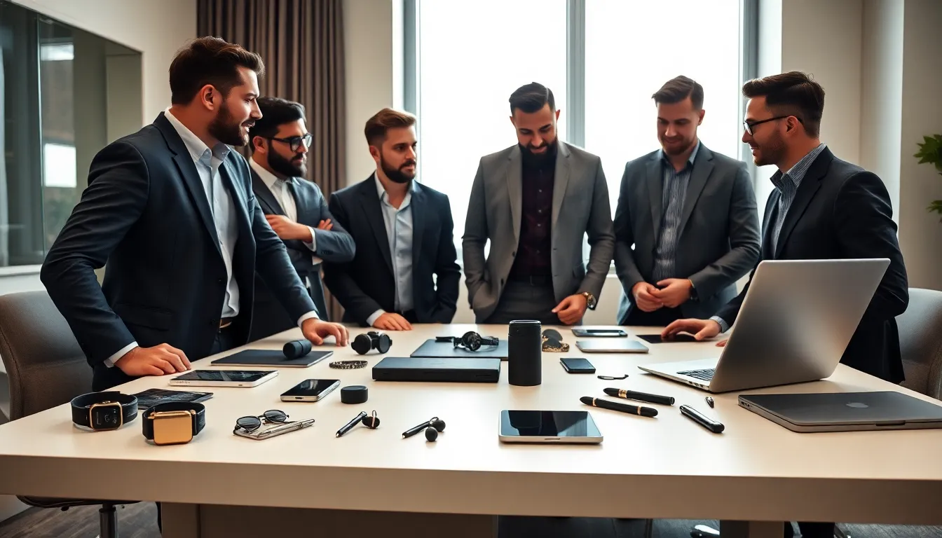 diverse men collaborating with stylish tech accessories in a modern office.