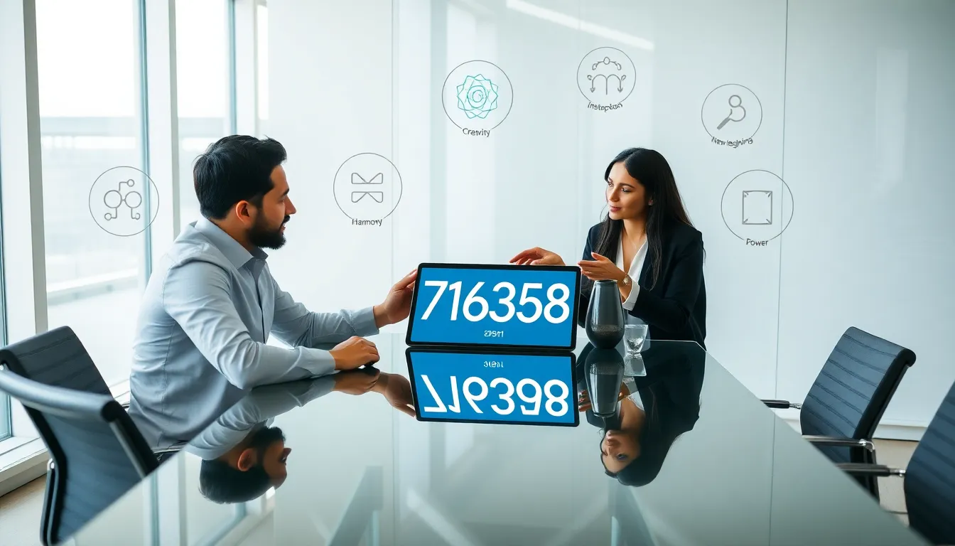 professionals discussing the meanings of the number 3716335881 in a modern office.