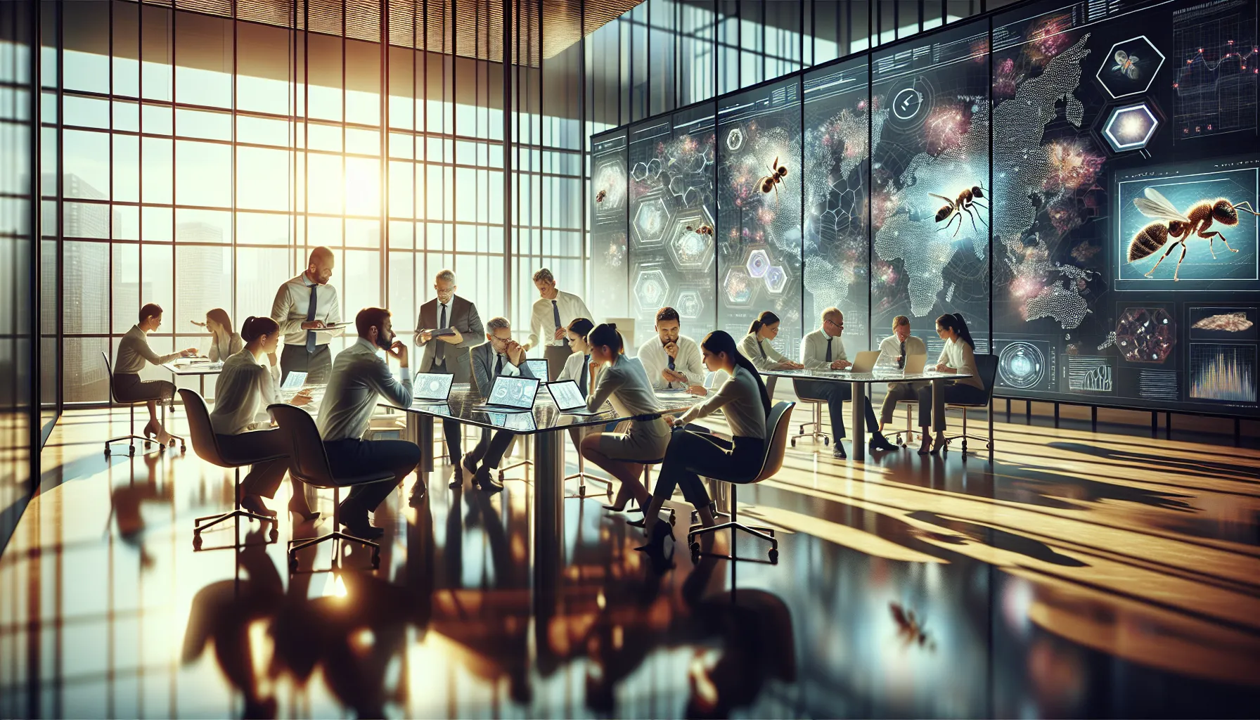 scientists exploring ant behavior in a modern research setting.