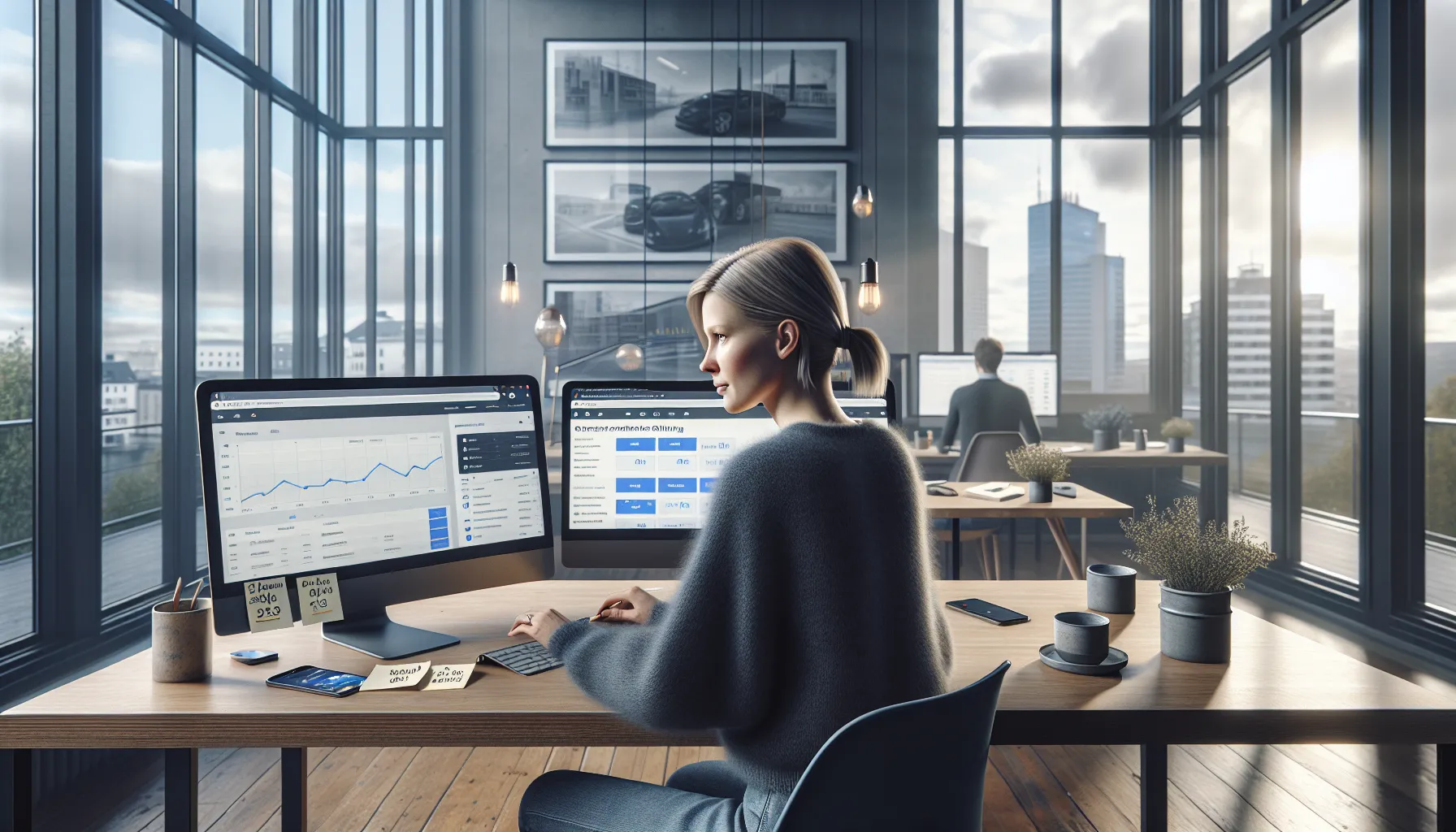 Norwegian marketer analyzing seo data and social media impact on dual computer screens.