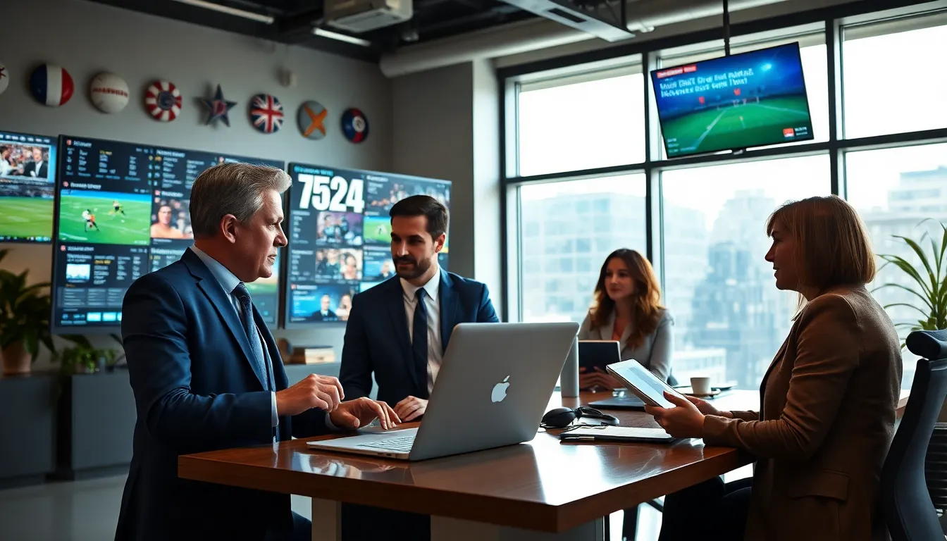 diverse sports journalists in a modern office updating news live.