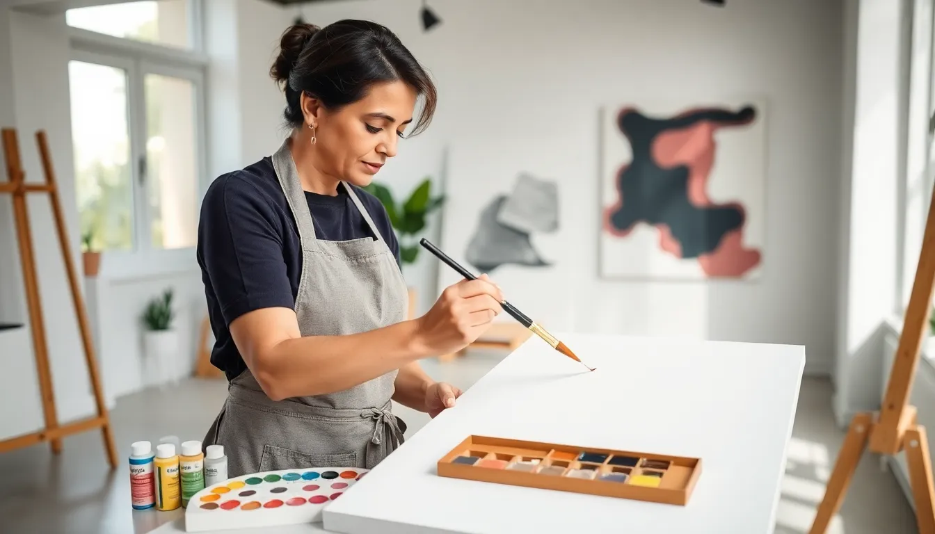 Artist painting on a canvas to demonstrate brush stroke techniques.