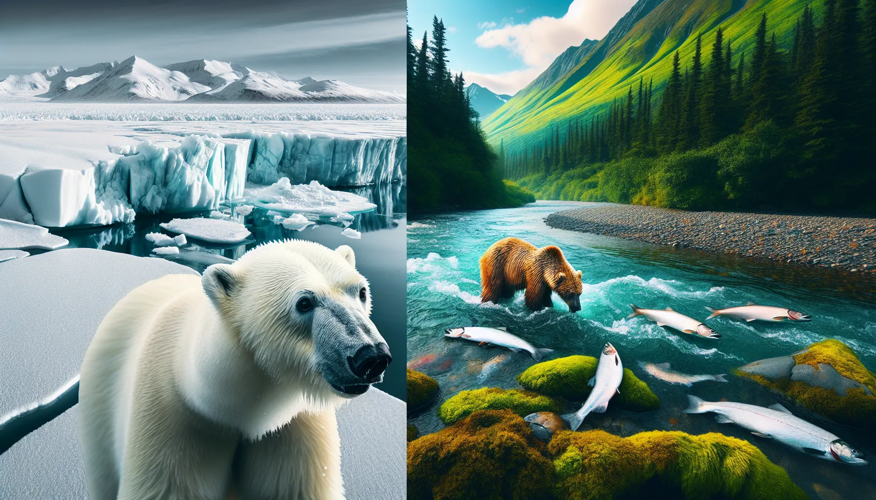 Polar bear on ice and Kodiak bear in forest environments.