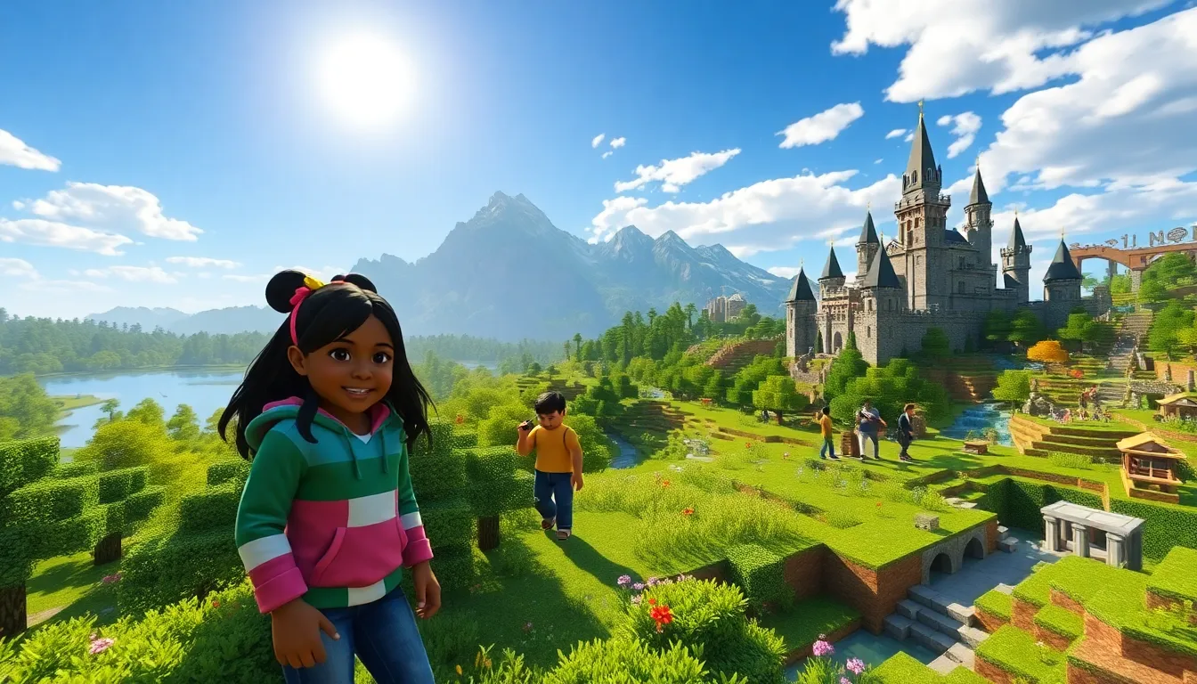 Players exploring and building in a vibrant Minecraft landscape.