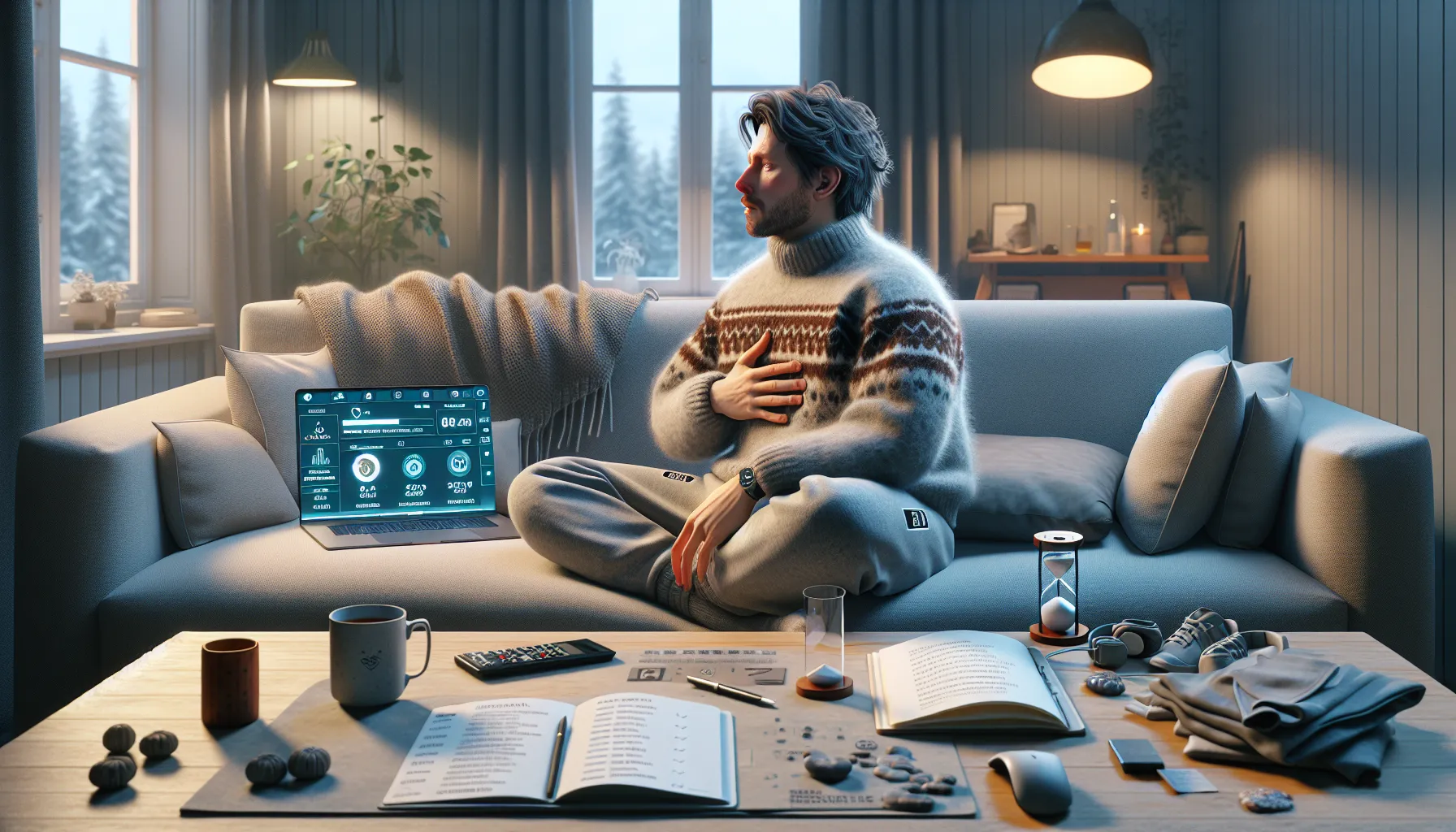 Person in norway follows an online stress management course on a laptop.