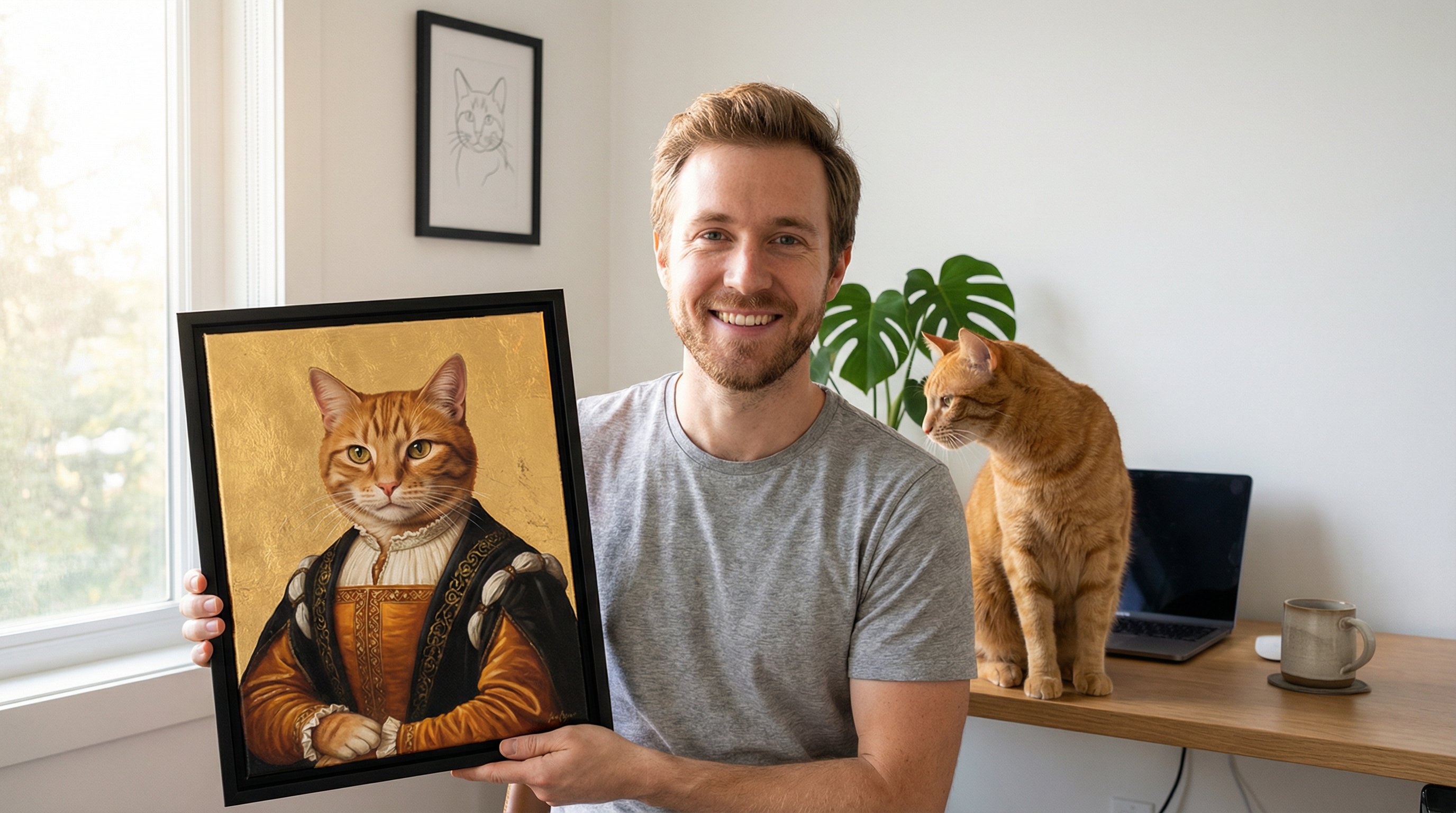 Man holding a framed custom cat portrait in a sunlit home office.