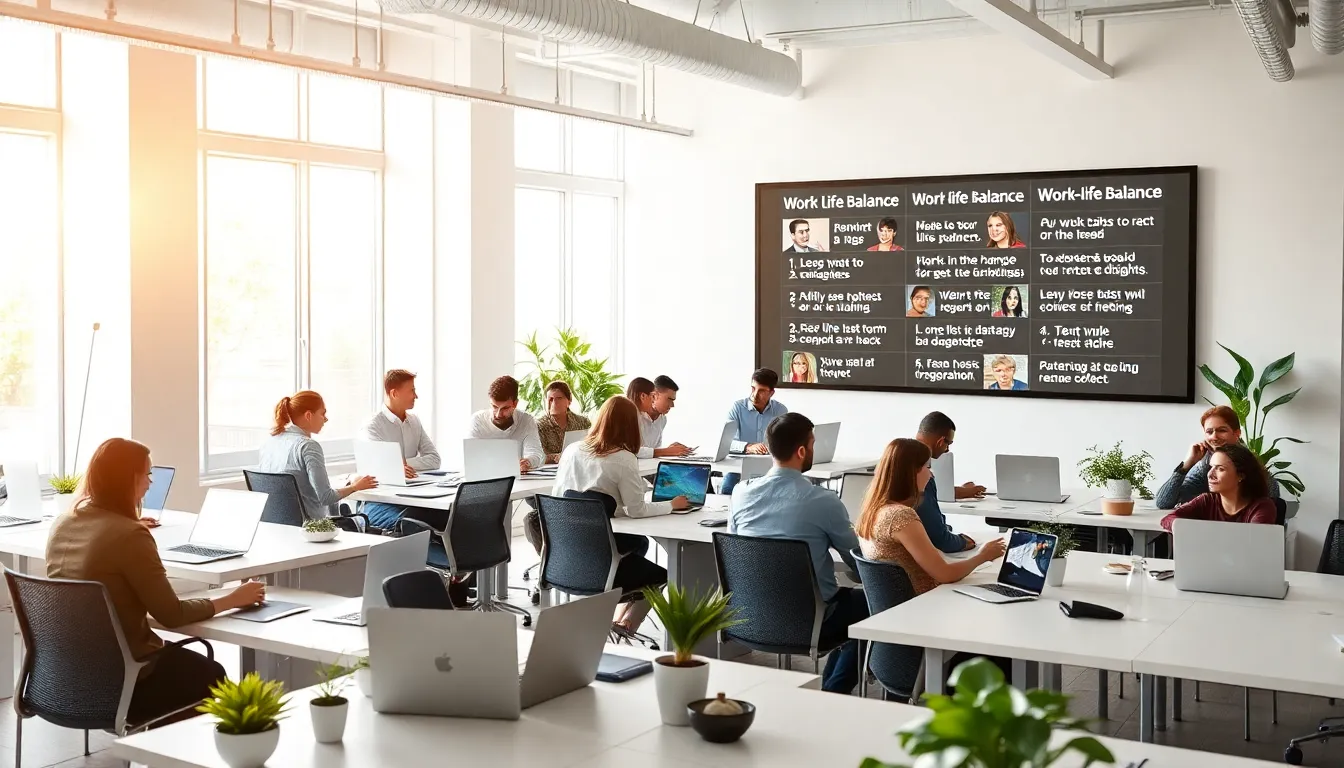 diverse team in a bright office with work-life balance memes.