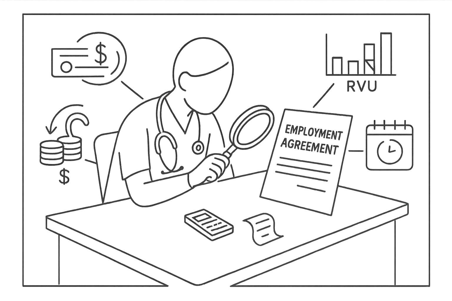 Nurse practitioner examining a contract with payment and clawback icons.