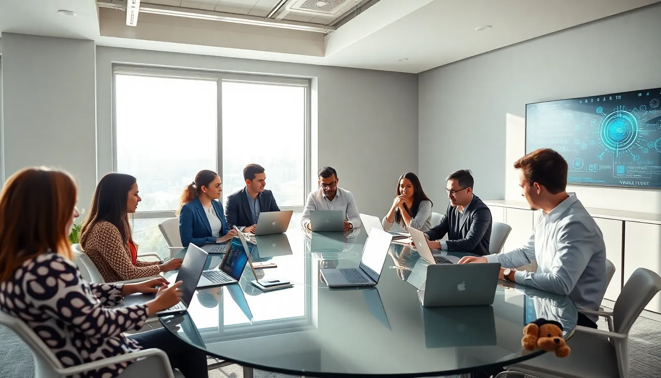 diverse professionals collaborating in a modern tech-focused workspace.