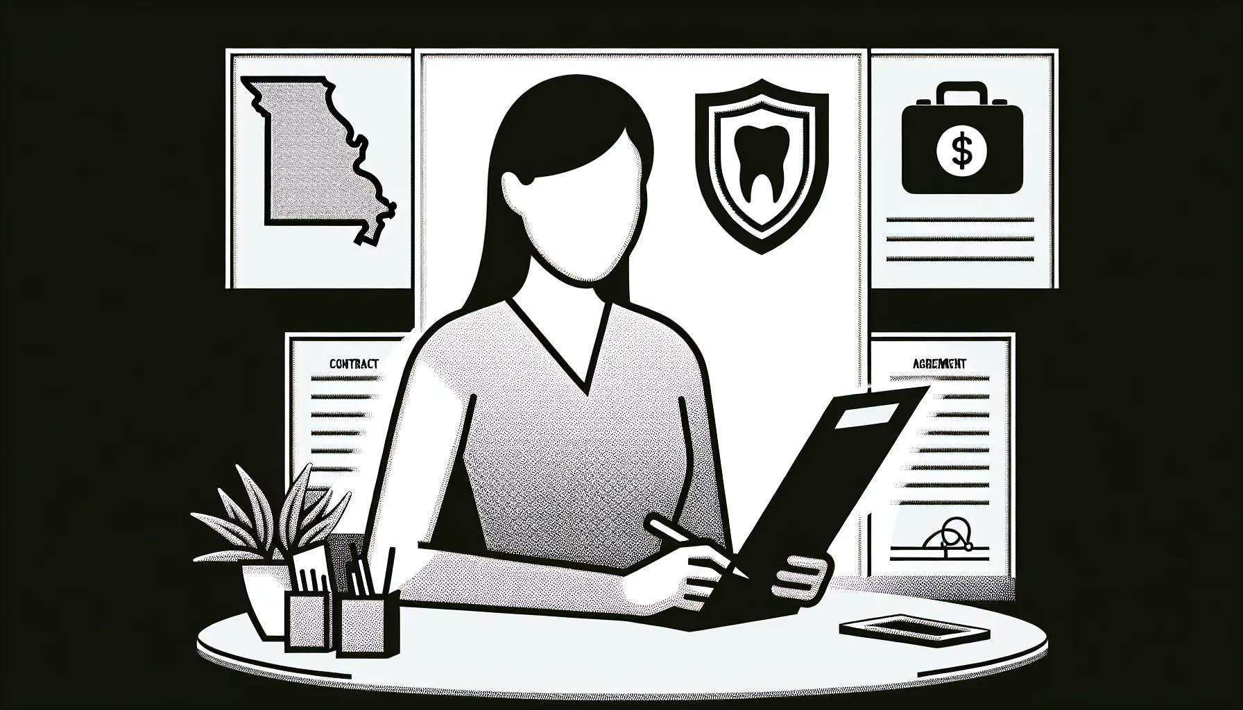 Dentist reviewing a contract with Missouri map and icons for pay, license, mobility of Missouri Dental Contract Review.