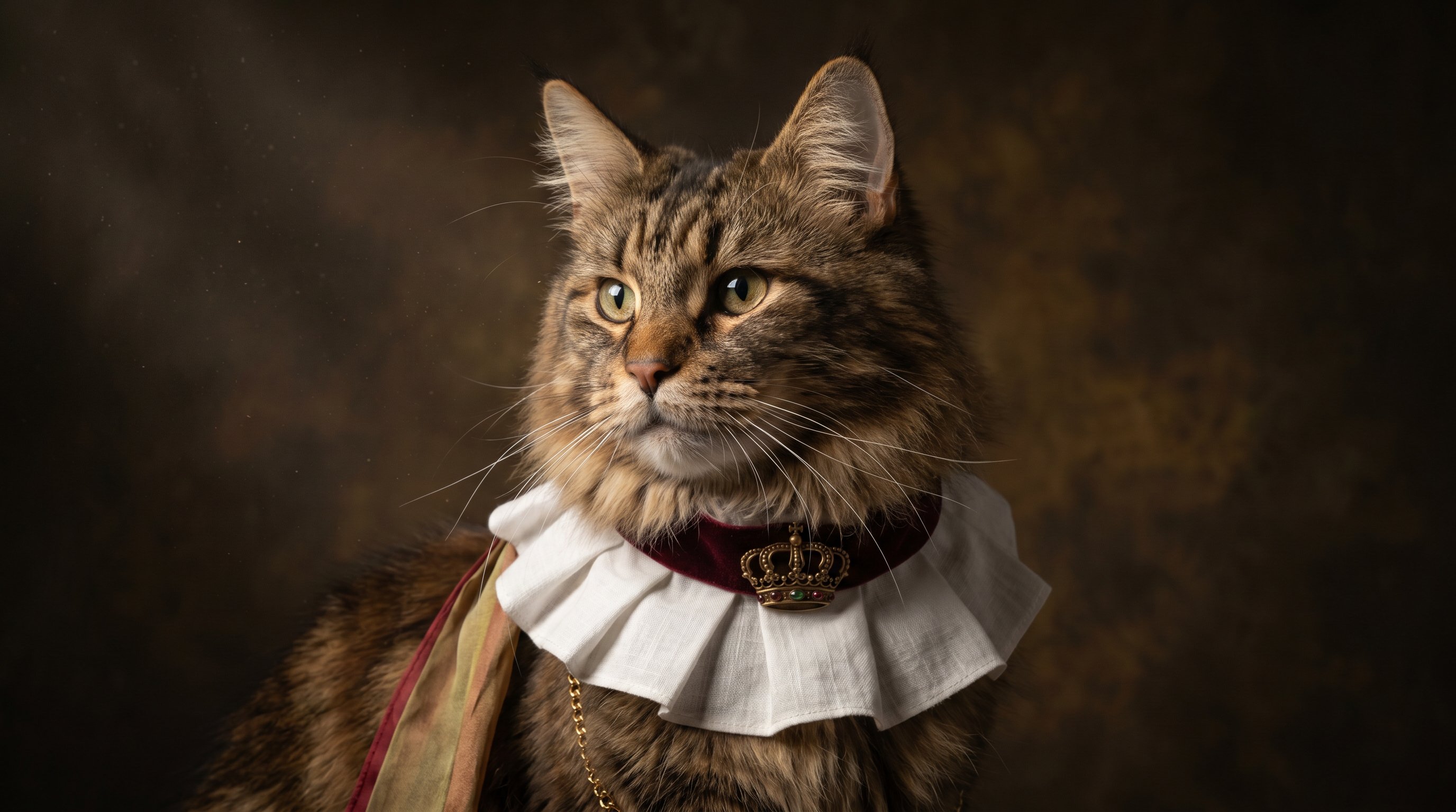a regal long-haired cat in a velvet ruff and small coronet, chiaroscuro-lit