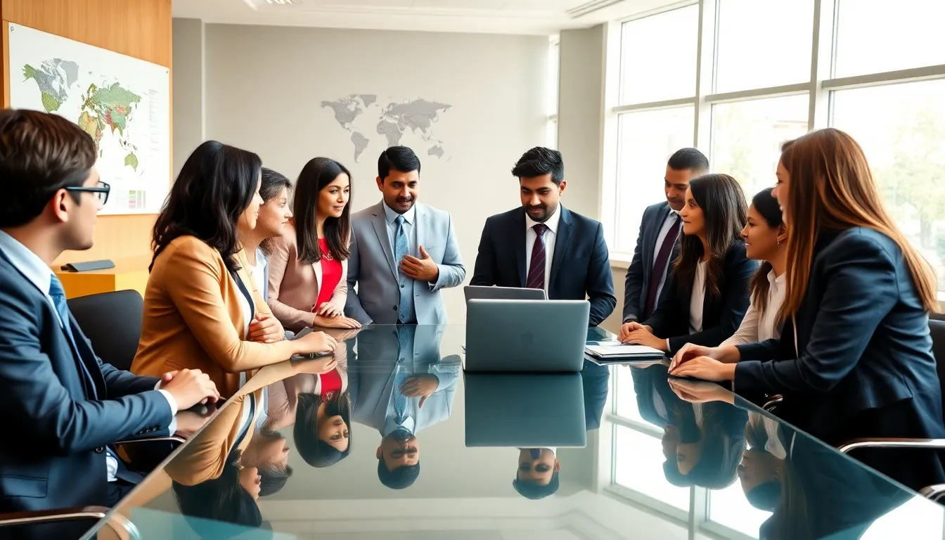 diverse students discussing global affairs in a modern classroom.