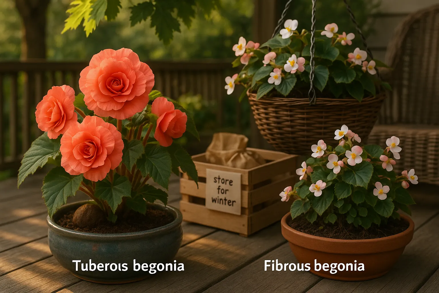 Tuberous begonia with large blooms beside a trailing fibrous begonia in shade.