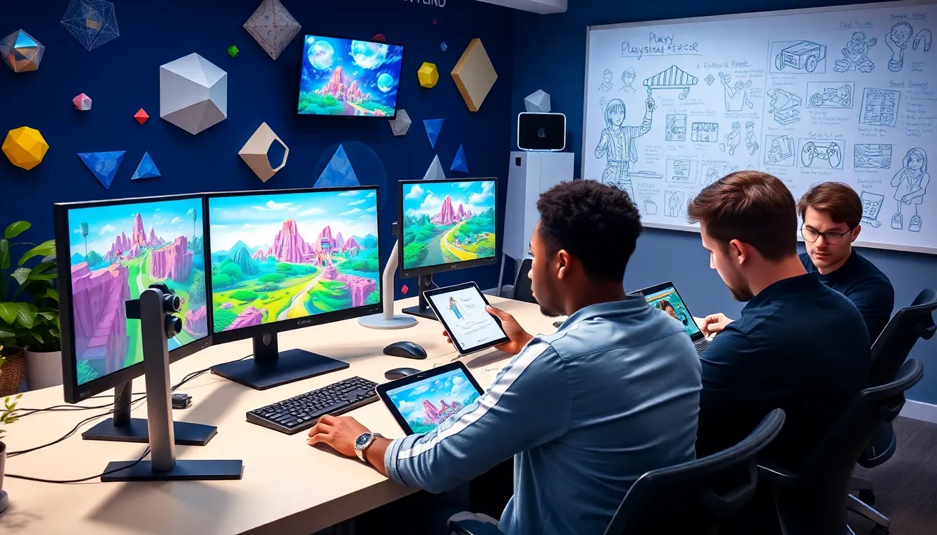 diverse team collaborating in a modern gaming studio.
