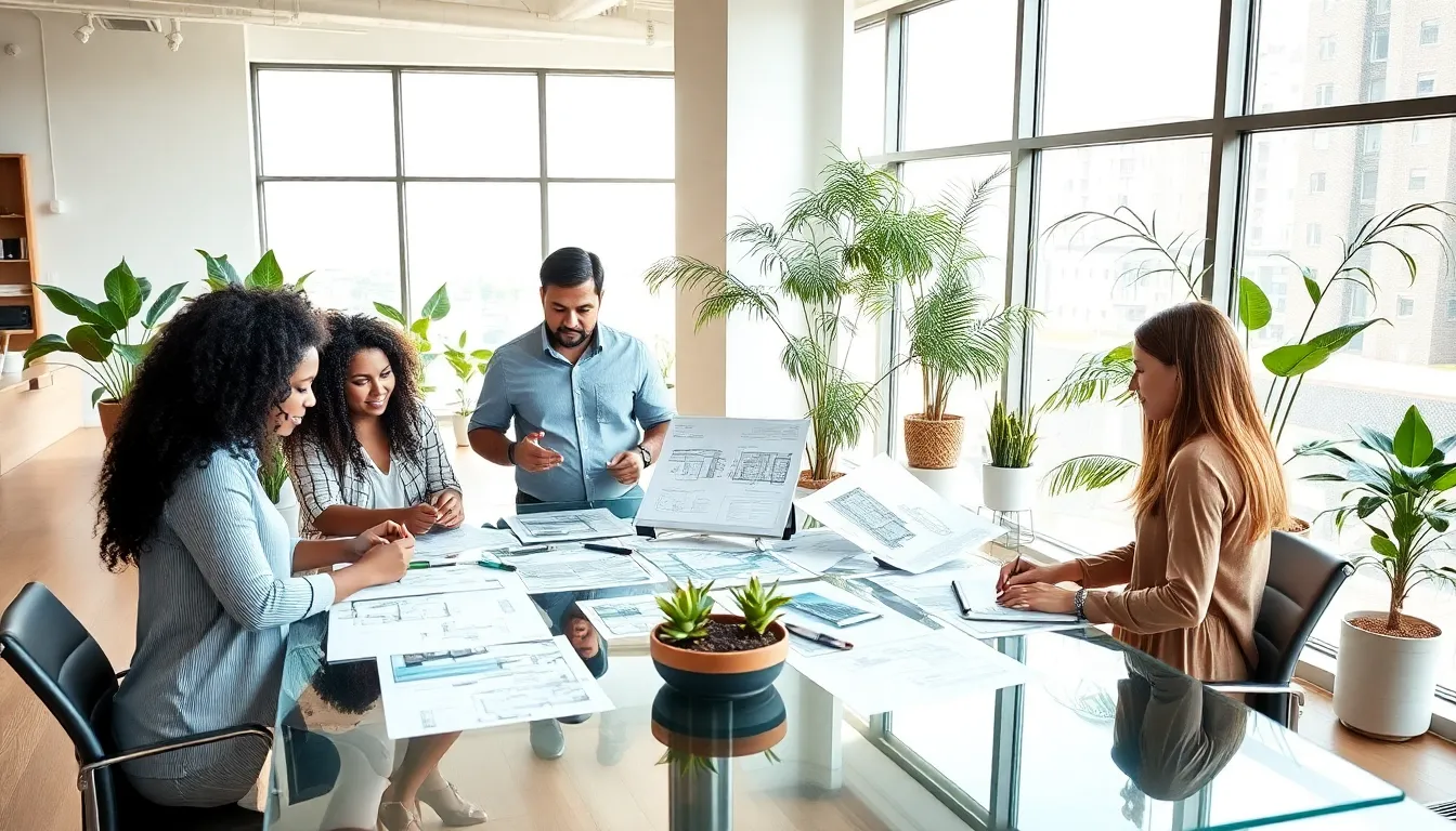 diverse architects collaborating in a modern office setting.