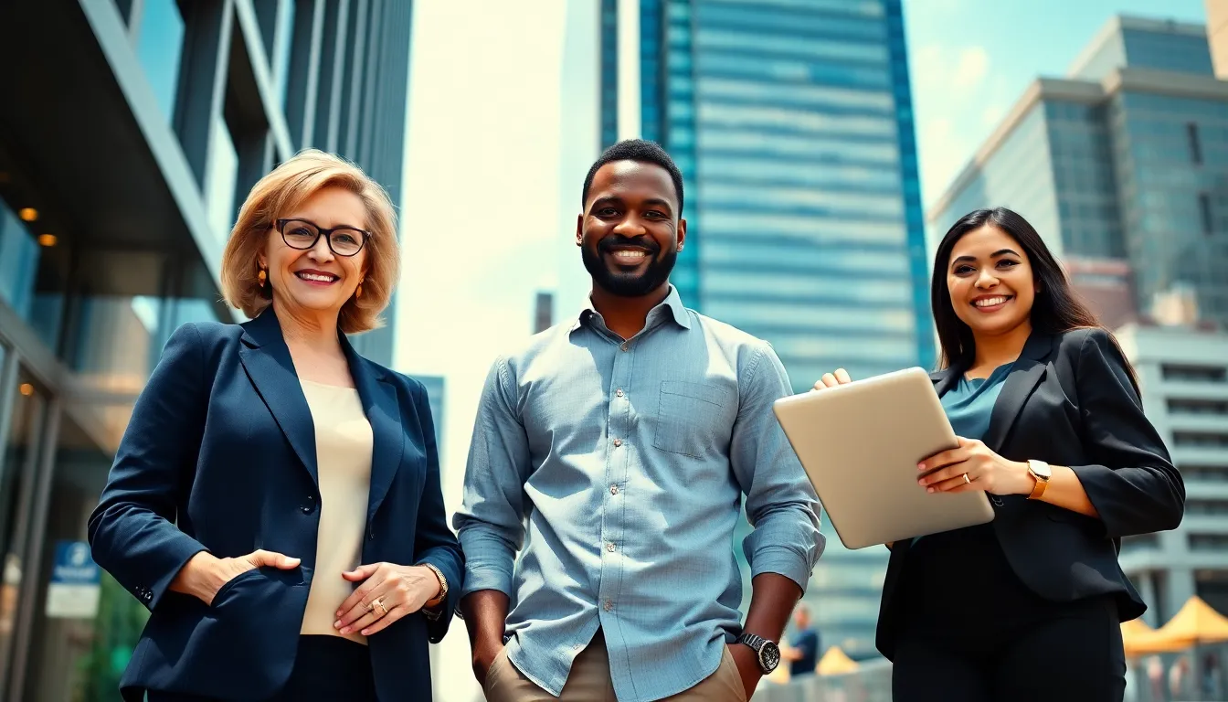 a diverse team of real estate professionals at Home Rocket Realty in an urban setting.