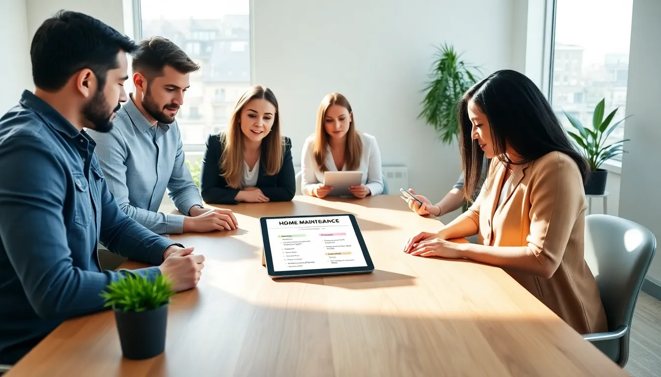 team discussing an annual home maintenance checklist in a modern office.