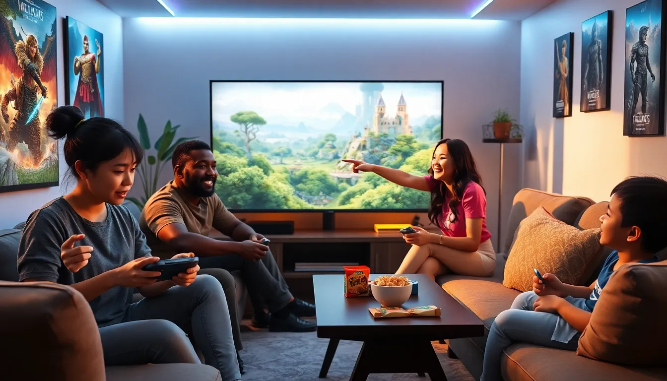 a diverse group of gamers enjoying a multiplayer gaming session in a cozy living room.