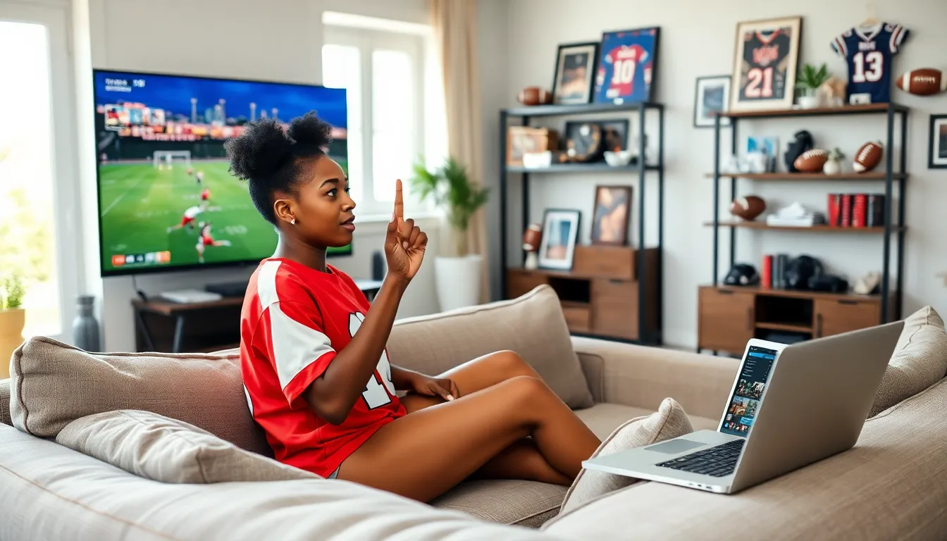 a young woman in a sports jersey watching a game at home.