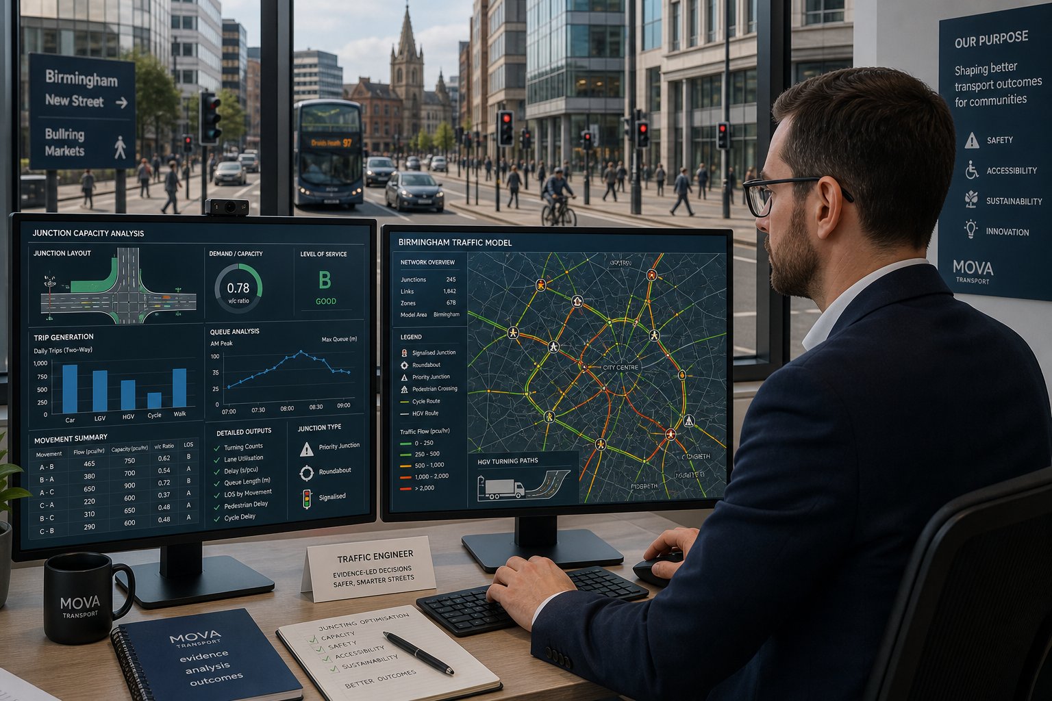 Traffic engineer analyzing Birmingham junction and trip generation data in a modern office.
