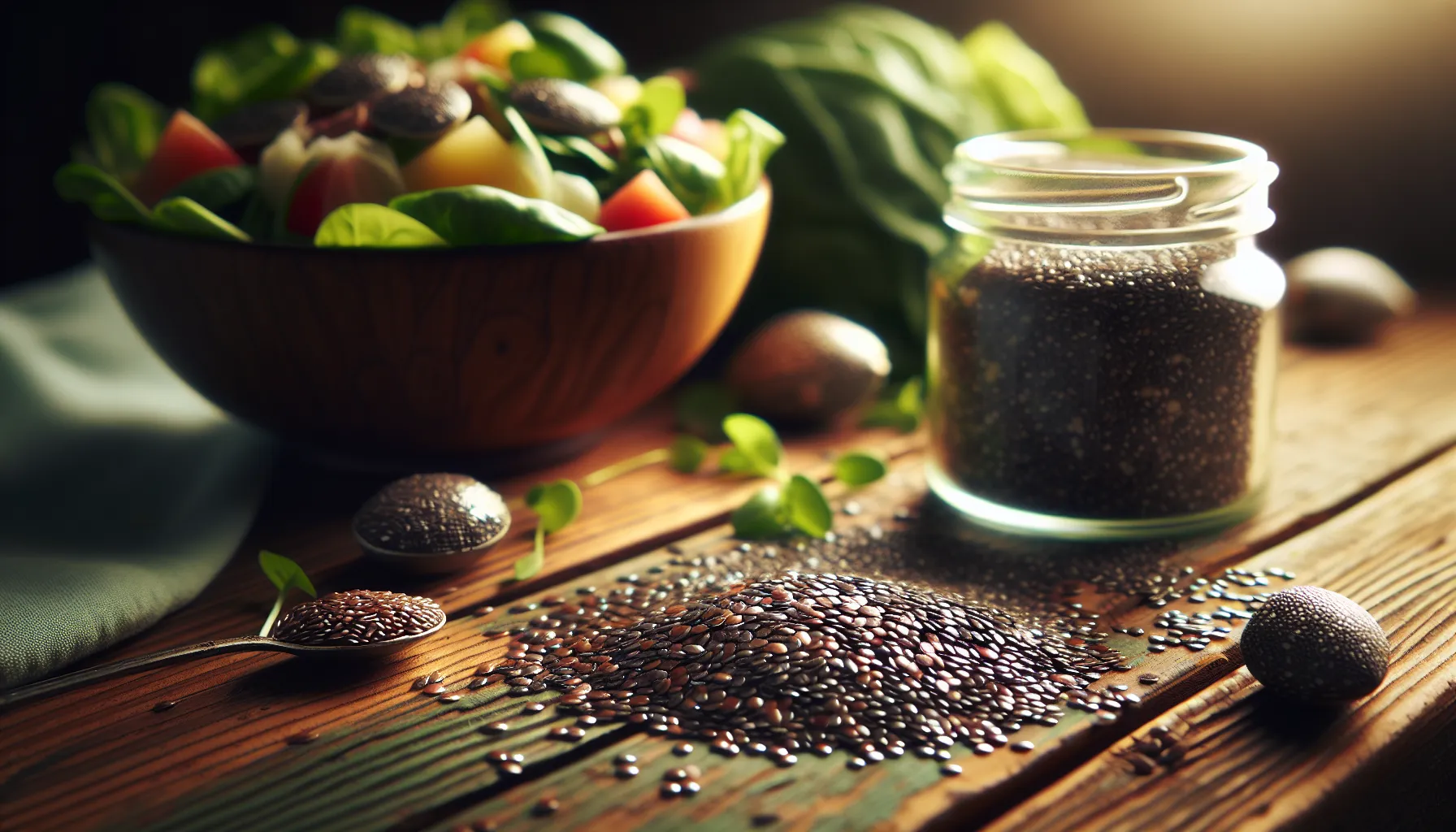 chia and flax seeds on a wooden surface with a salad bowl.