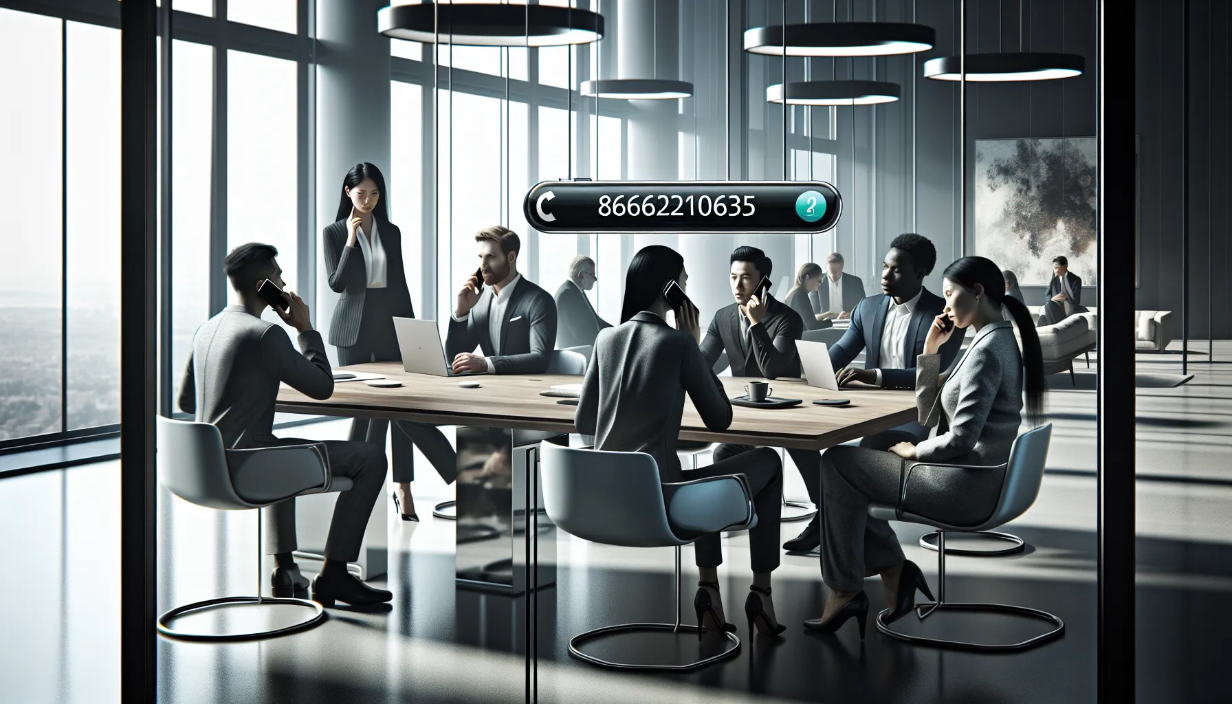 diverse professionals discussing toll-free number in a modern office.