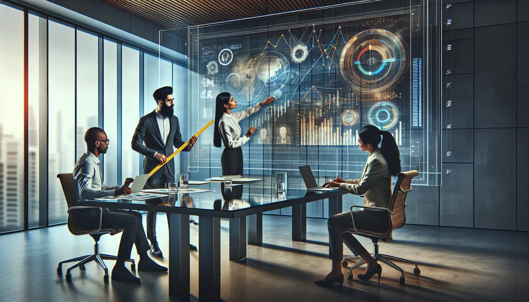 team discussing methods for calculating quantity in a modern office.