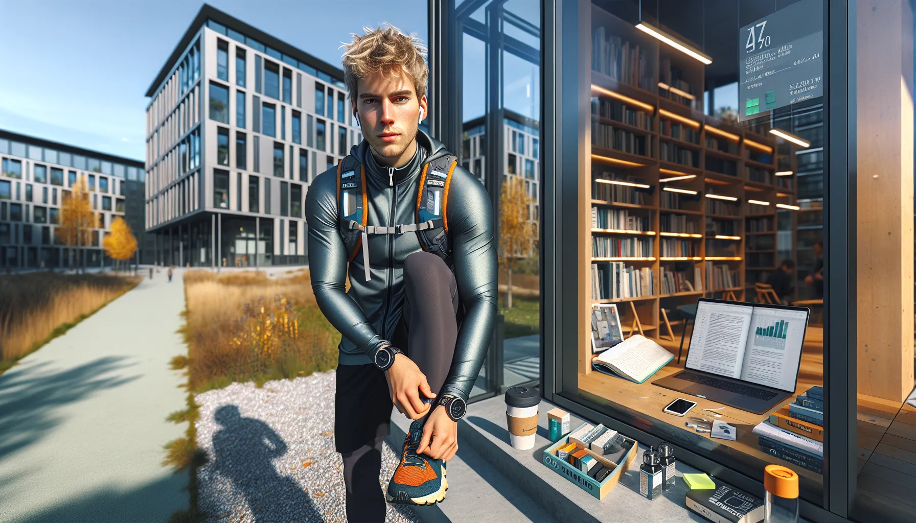 Fordelene med å ta pauser under lange studieøkter 2 Norwegian student tying running shoes outside library, taking a study break.