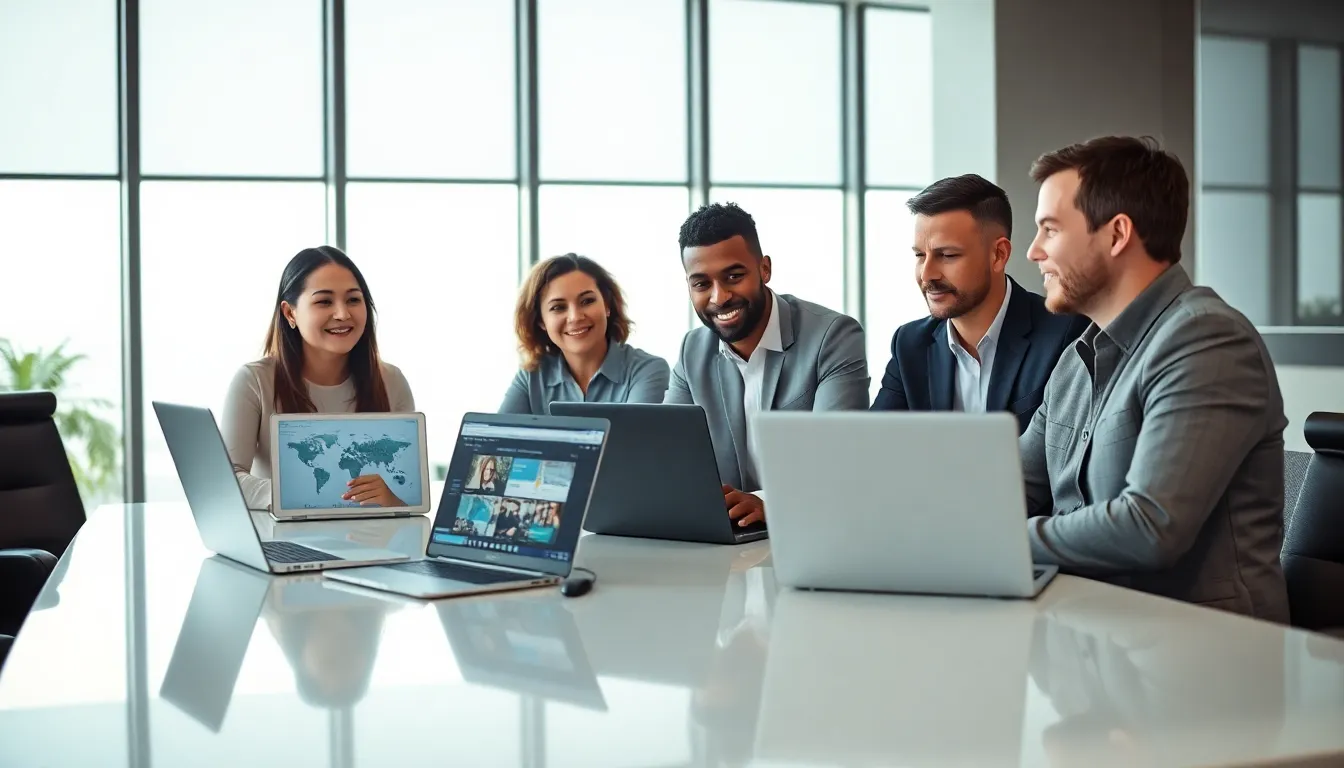 diverse team collaborating on web development outsourcing in a modern office.