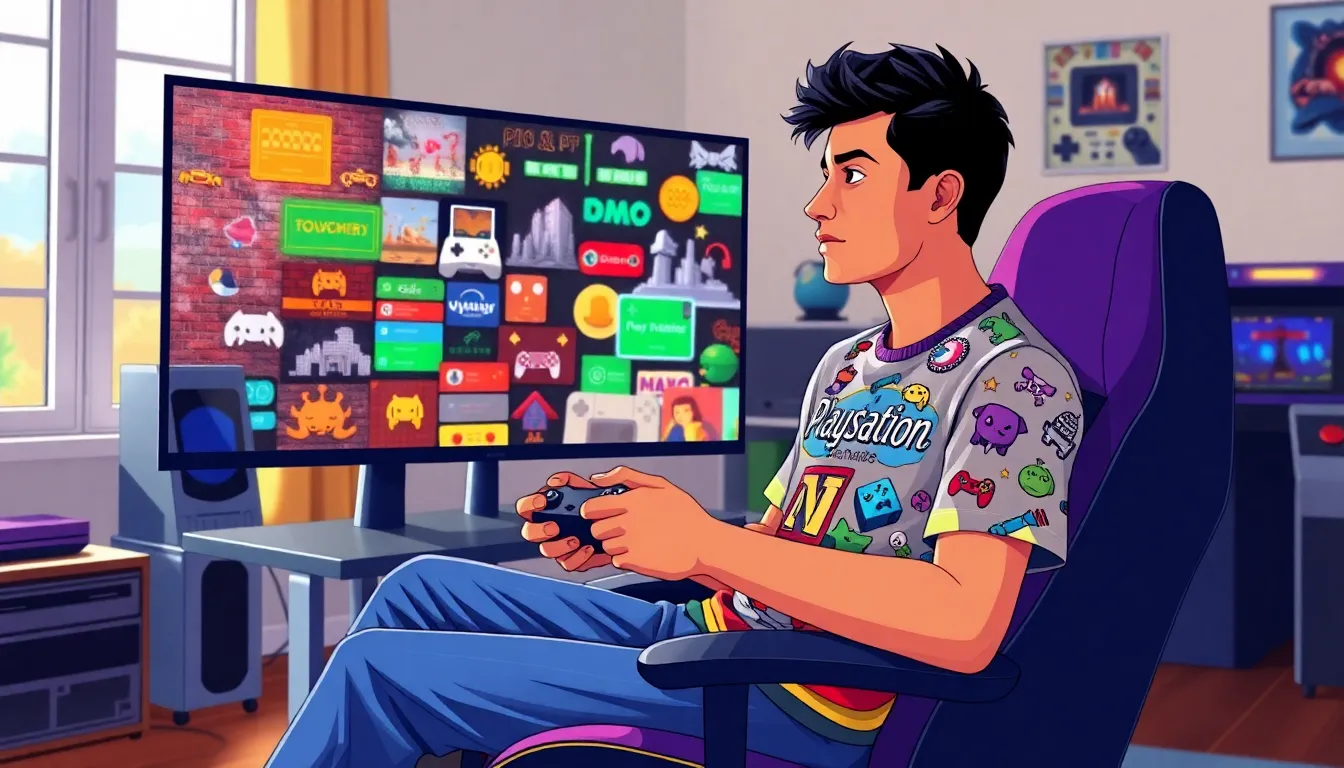 a young Hispanic male gamer surrounded by iconic gaming elements from different eras.