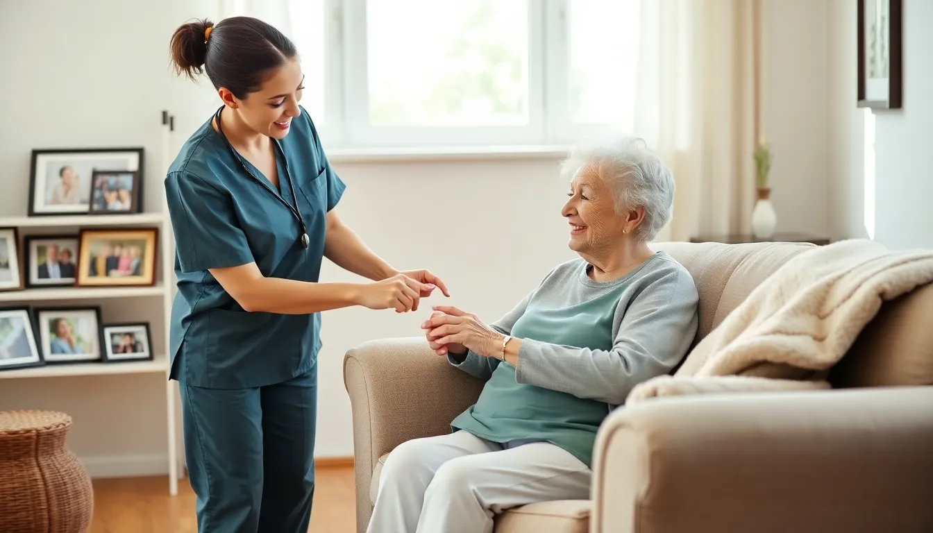 home care nurse assisting an elderly woman in a bright living room.