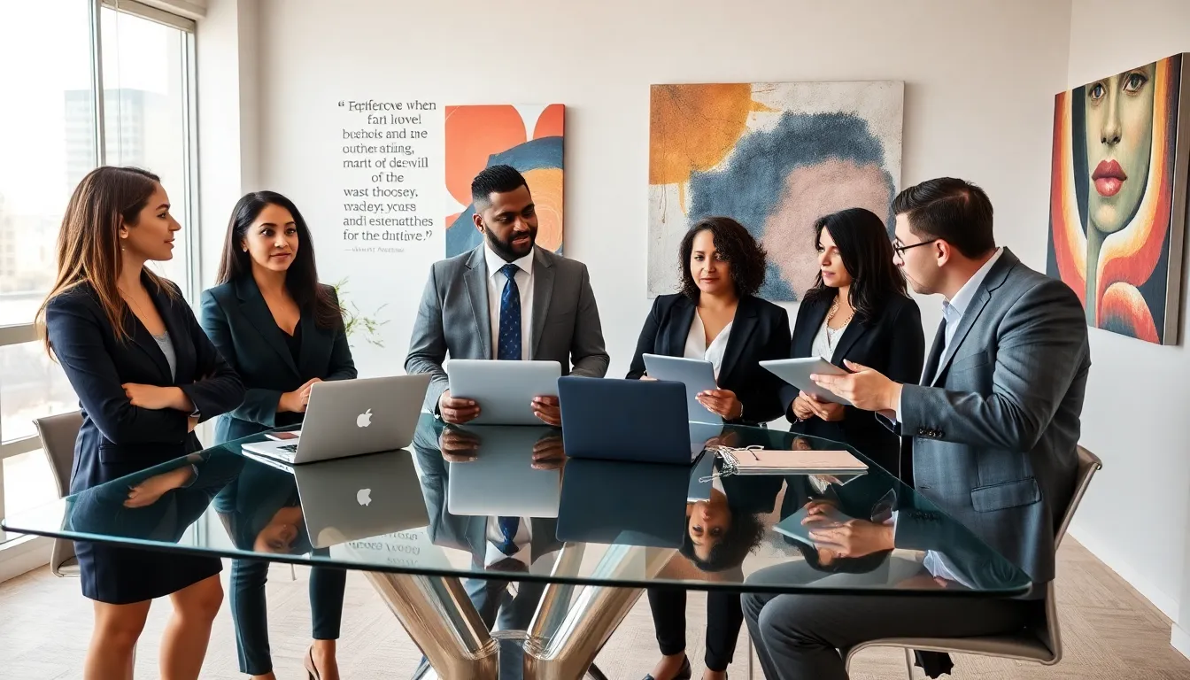 diverse team discussing the background of Tirafqarov in a modern office.