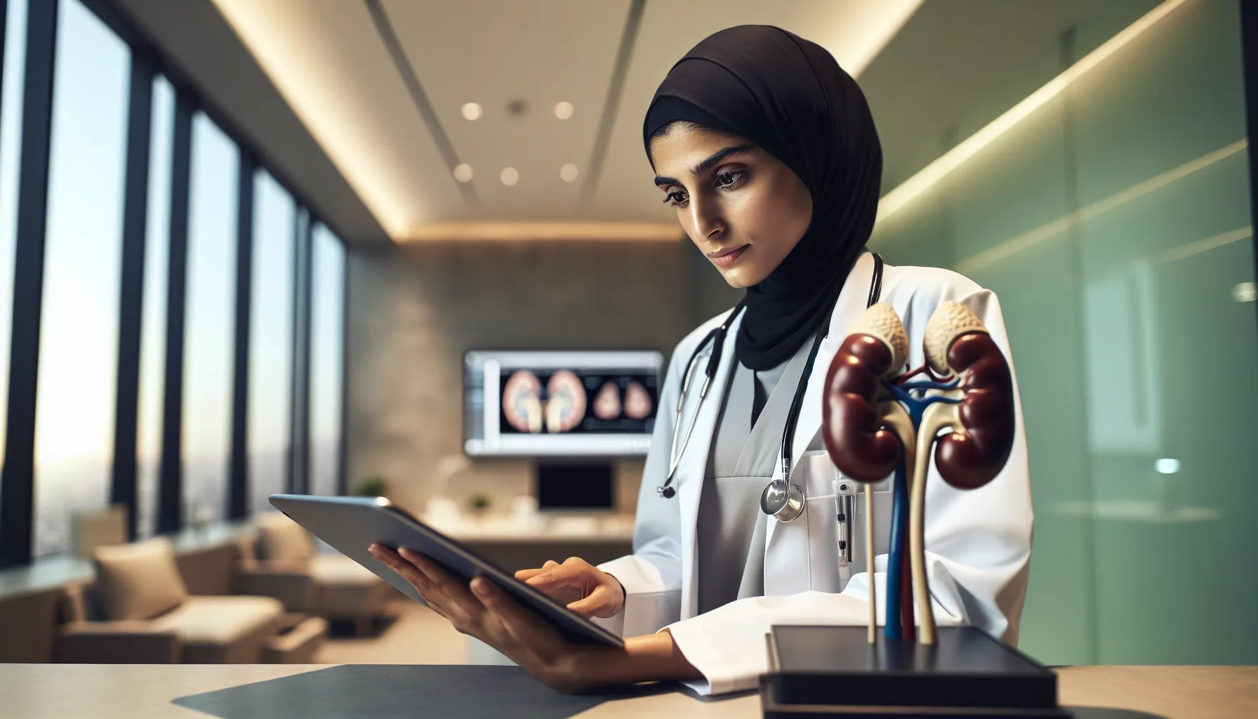 medical professional analyzing kidney stones on a digital tablet.