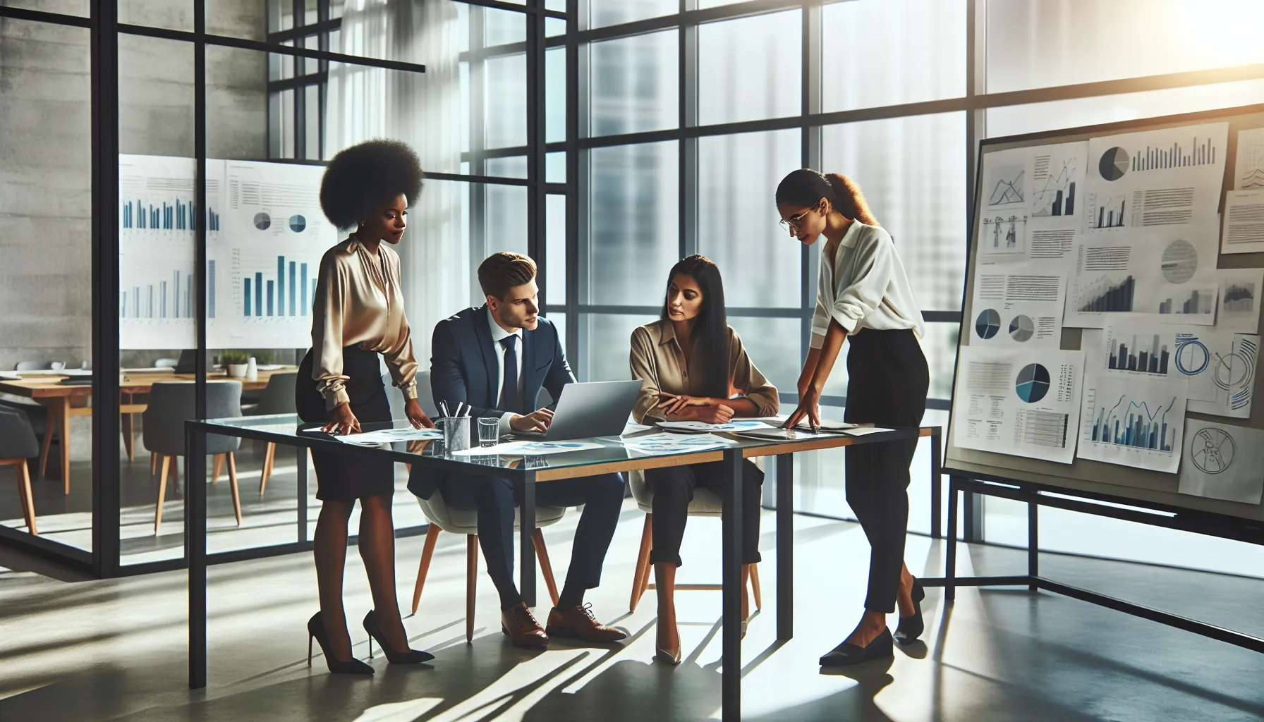 business consultants analyzing financial data in a modern office setting.