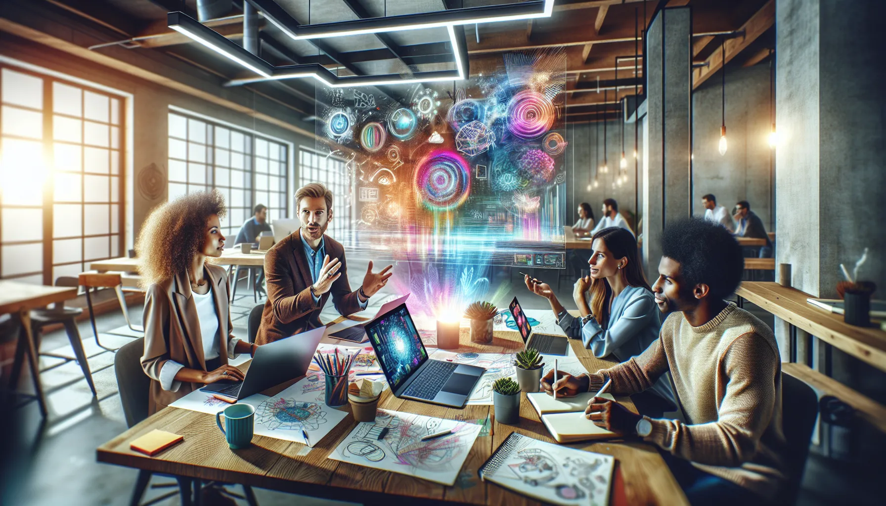 diverse team brainstorming in a bright, modern office.